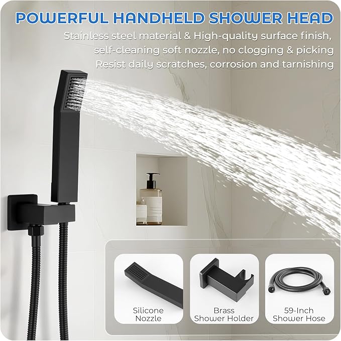 Black Shower Faucet Set, 10 inch Rain Shower System with Pressure Balance Valve, Wall Mounted 2-Functions Bathroom Shower Systems with Rain Shower and Handheld Spray Shower Trim Included