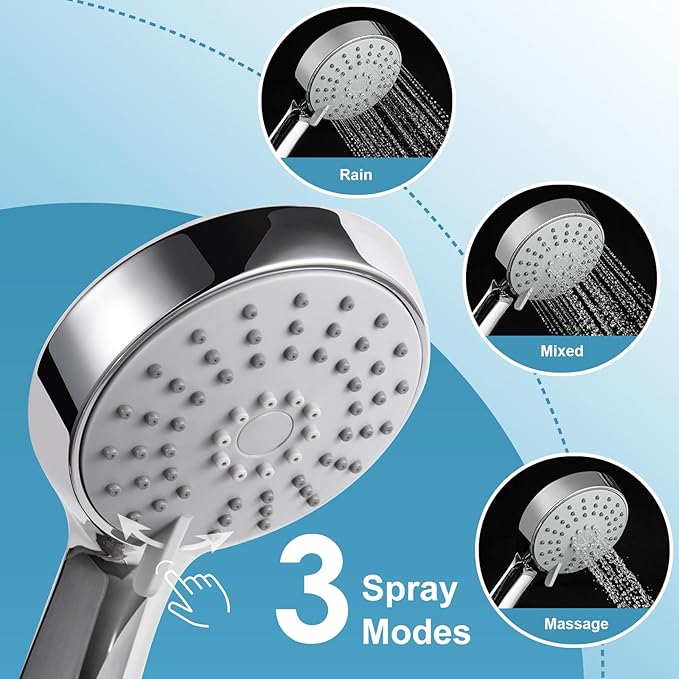 OFFO Shower Slide Bar Combo, Adjustable 21 in Slide Bar with 3-Mode Round Handheld Shower Head and 60 in Stainless Steel Hose, Screw Wall Mounted, Chrome Finish