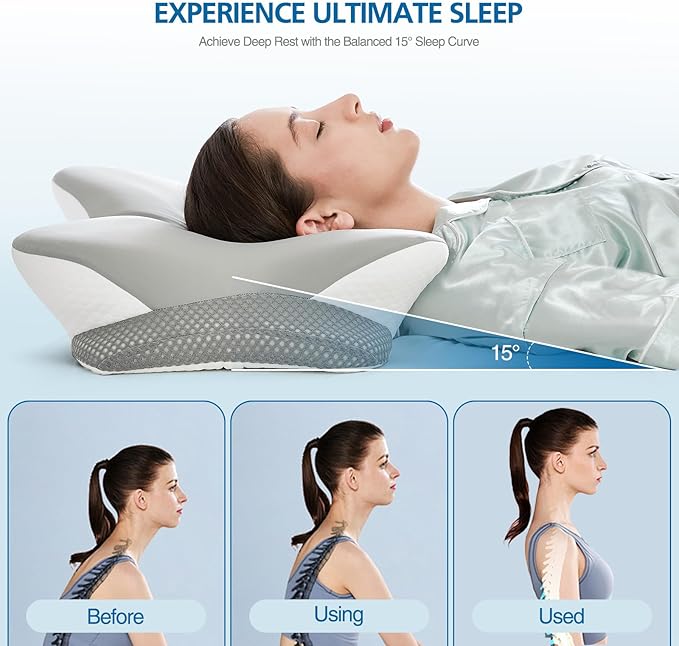 Krightlink Ergonomic Memory Foam Cervical Pillow for Neck Pain Relief - Contour Design with Dual Heights for Side/Back/Stomach Sleepers with Washable Breathable Pillowcas