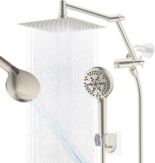 All Metal Rain Shower Head, 8” High Pressure Rainfall Shower Head with Handheld Spray, 5" Large Handheld Showerhead Powerful Clean 10-Mode, 16" Stainless Steel Adjustable Extension Arm, Brushed Nickel