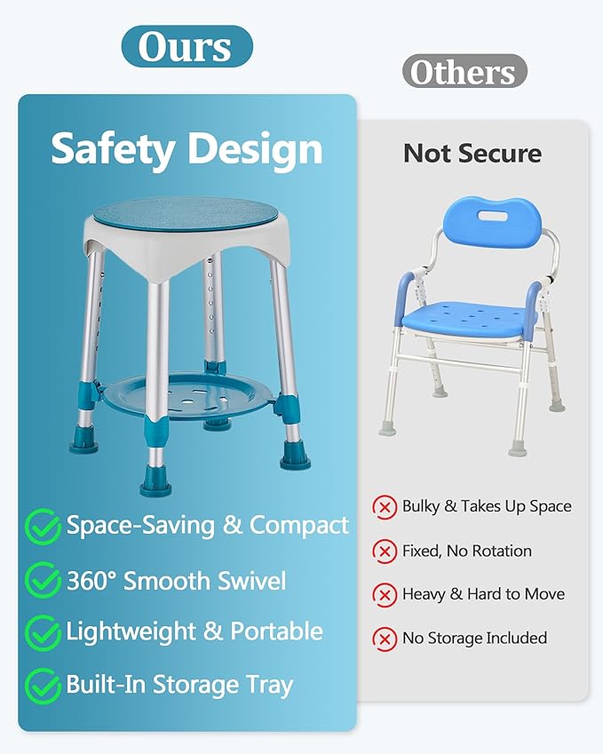 Shower Chair with Storage Tray, Height Adjustable Swivel Shower Stool for Seniors and Adults, 360° Swivel Shower Chair for Bathroom and Inside Shower (Green)