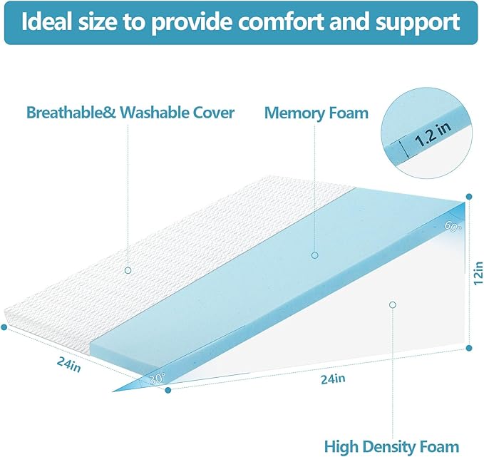 Nordjager Wedge Pillow for Sleeping & Resting, 24"x24"x12" Memory Foam Cushion with Grey White Patterned Polyester Cover, Ideal for Bedroom & Living Room – Comfortable Support for Adults