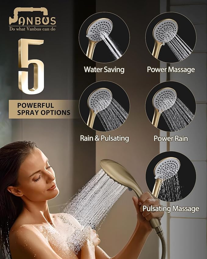 Handheld Shower Head with Adjustable 30-Inch Shower Slide Bar and 59-Inch Hose, 5-Function 3.2GPM High Pressure Handheld Shower Head with Drop Ell and Holder, Brushed Gold