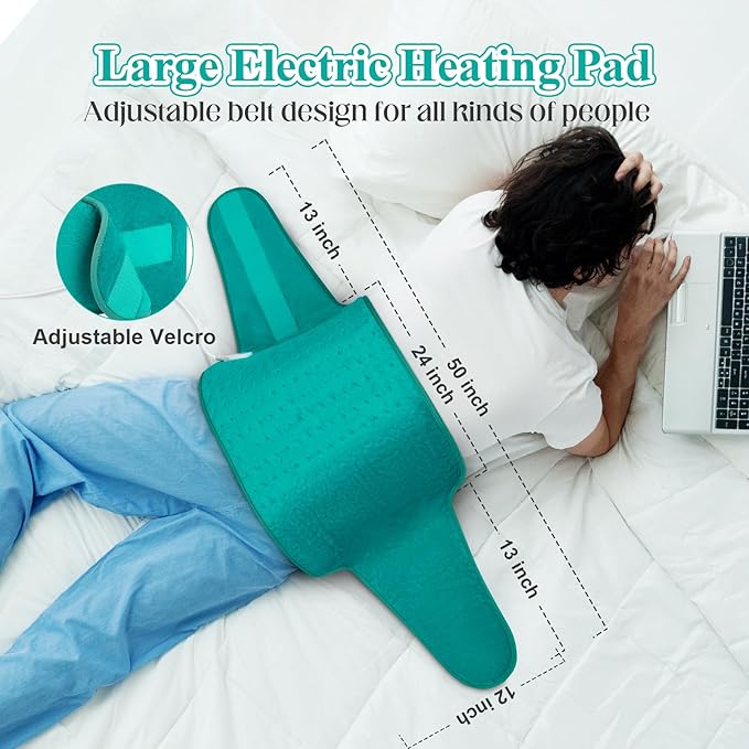 Heating Pad for Back, Heating Pad for Period Cramps/Waist/Shoulders with Belt, Gifts for Women Men Mom Dad, 6 Heat Settings, 4 Timers, Auto-Off, Machine Washable, Emerald