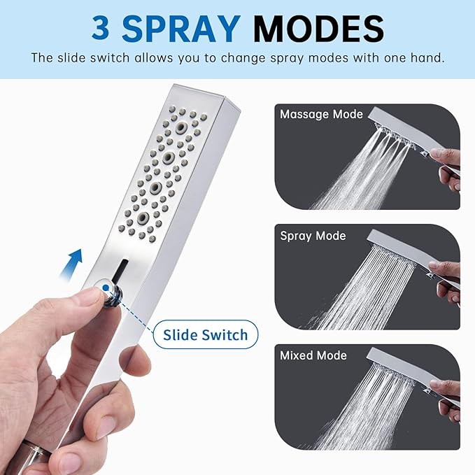 G-Promise All Metal Square 3 Function Handheld Shower Head, Easy and Quick Switch to Massage Mode, Bathroom Shower Wand Design Exquisite Luxury, 2.5 GPM, Chrome