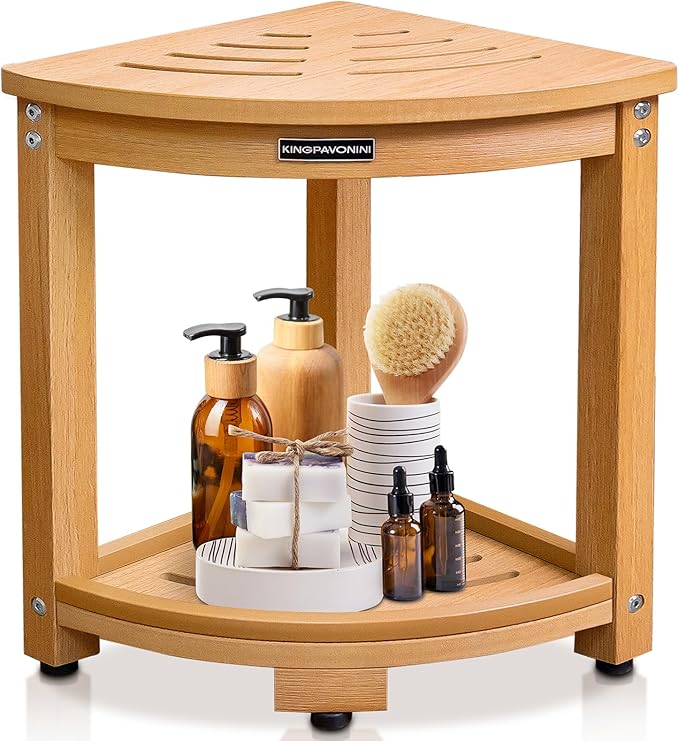 KingPavonini Corner Shower Bench Waterproof, HDPS Shower Stool for Inside Shower, Anti-Fracture Shower Seat with Storage Shelf, Rapid Assembly, Weight Capacity 400LBS