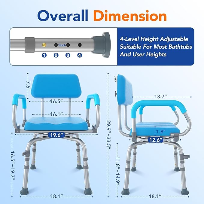 FSA/HSA Eligible 360° Swivel Shower Chair for Inside Shower, Adjustable Shower Seat with Pivoting Arm Bath Seat for Bathtub, Handicap Bathtub Chair for Senior Elderly Disabled, 4Level Height