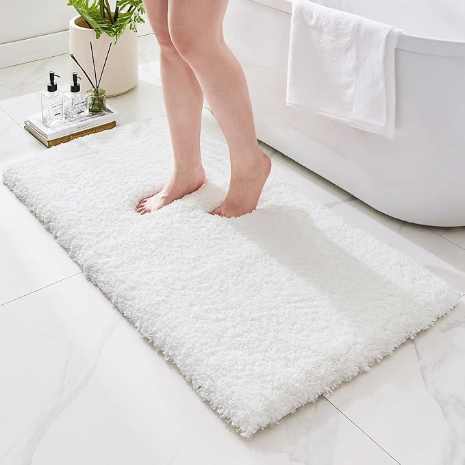 Bathroom Rugs Non Slip Washable 48x24, Ultra Thick Soft Microfiber Absorbent Bath Mats, High Density Foam Latex Non Slip Backing Bath Rugs, Fluffy Floor Carpet for Tub&Shower, White