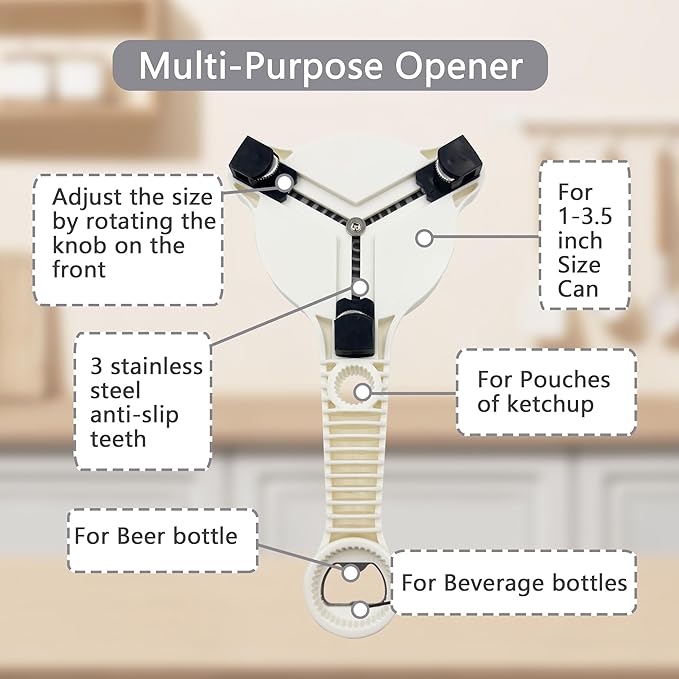 4-In-1 Jar Opener, Adjustable Stainless Steel Ergonomic Jar Opener Tool For Seniors, Bottle And Jar Openers For Arthritic Hands, Can Openers For Beer, Sauces, And Canned Goods (Gray)