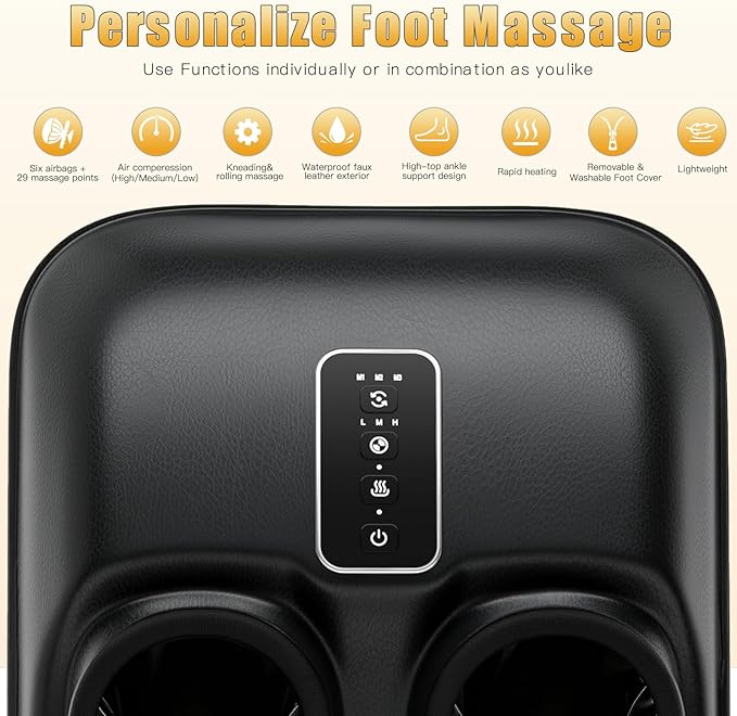 Foot Massager with Heat for Neuropathy, Deep Kneading Shiatsu Foot Massager for Plantar Fasciitis, Cordless Control, 6 Airbags 29 Nodes Deep Rolling, Gifts for Women Mom Men Dad Seniors