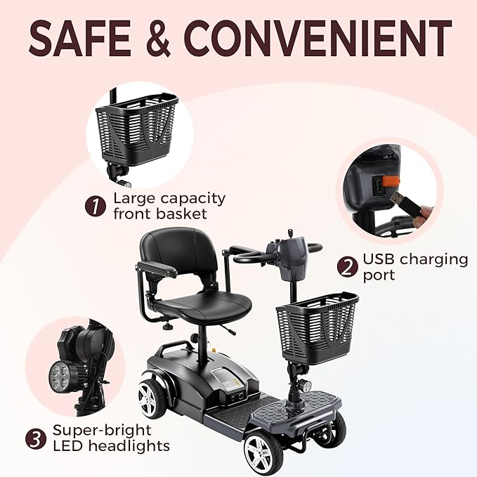 4 Wheel Mobility Scooter for Seniors & Adults 15 Mile Range, 6 MPH Powered Mobility Scooter with 300 lbs Capacity, Foldable Compact Mobility Scooter for Travel, Electric Wheelchair Gray