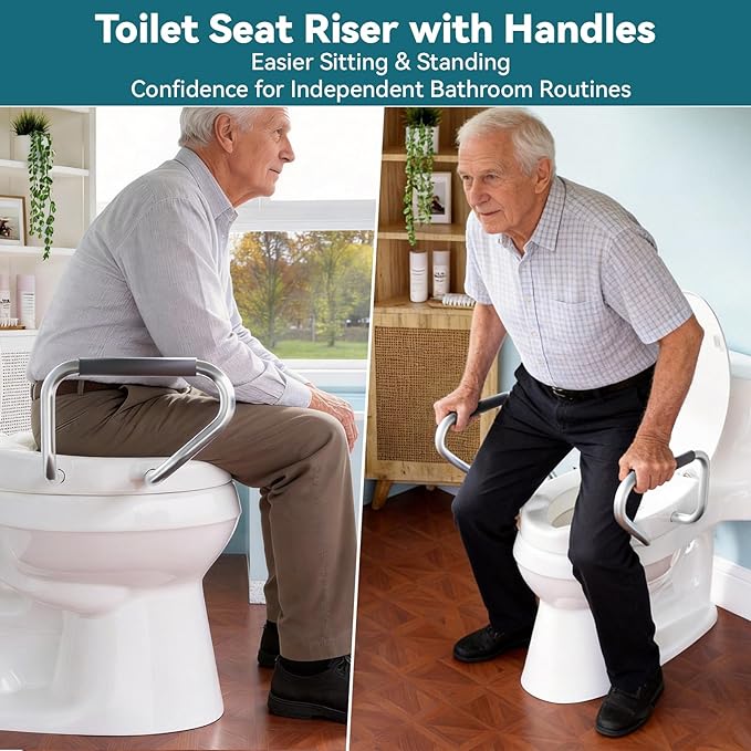 Clirass 3" Raised Toilet Seat with Handles and Bidet - Non-Electric Bidet with Dual Nozzles - Elevated Toilet Risers for Seniors & Limited Mobility - Easy Install & Clean (Elongated with Handles)