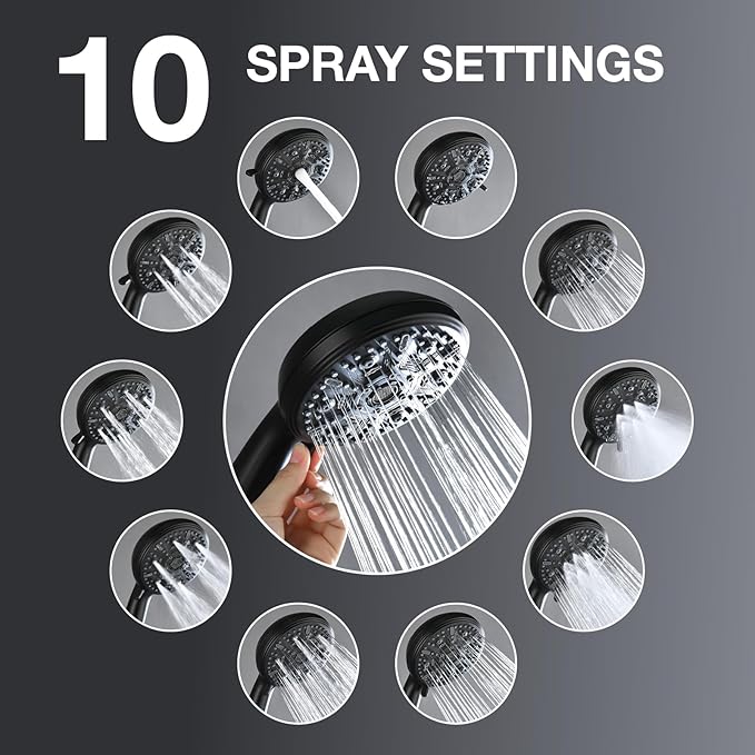 Handheld Shower Head 10 Mode Shower Heads with Handheld Spray High Pressure Shower Head Handheld with Brass Swivel Ball Bracket Showerheads Matte Black