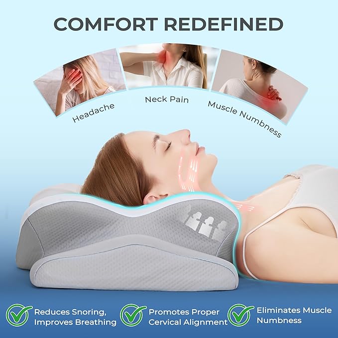 BDEUS Cervical Pillow for Side Sleepers, Neck Pillow for Sleeping, Memory Foam Ergonomic Pillow for Neck Pain Relief, Butterfly Contour with Arm Grooves, Dual Height Cooling Washable Cover, White