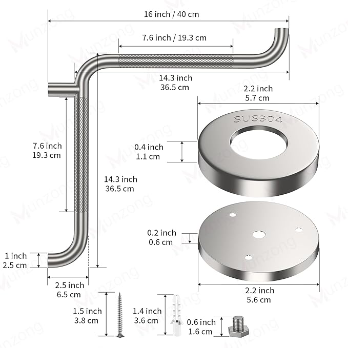 Angled Shower Grab Bar, Munzong Anti Slip Chrome Bathroom Grab Bar, L-Shaped Knurled Balance Bar, Safety Hand Rail Support Handicap Elderly Injury Senior Assist Bath Handle