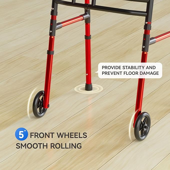 Loyoda Folding Walkers for Seniors Lightweight Walker with 5'' Front Wheel Height and Width Adjustable Aluminum Standard Walker for Elderly Handicap (Red)