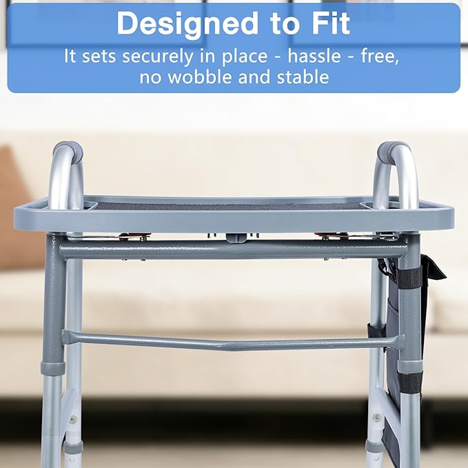 Walker Tray for Seniors with Dual Cup Holders, Side Pouch and Non-Slip Pad, Lightweight Durable Food & Drink Table, Compatible with Walker of 10210-1 Model (Gray)