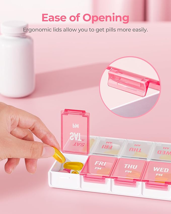 AMOOS Weekly Pill Organizer 2 Times a Day, Stylish Pill Box 7 Day AM PM with Large Compartments, Pill Case Easy to Use, BPA-Free Pill Container for Vitamins, Fish Oils, Supplements, Medicines, Pink