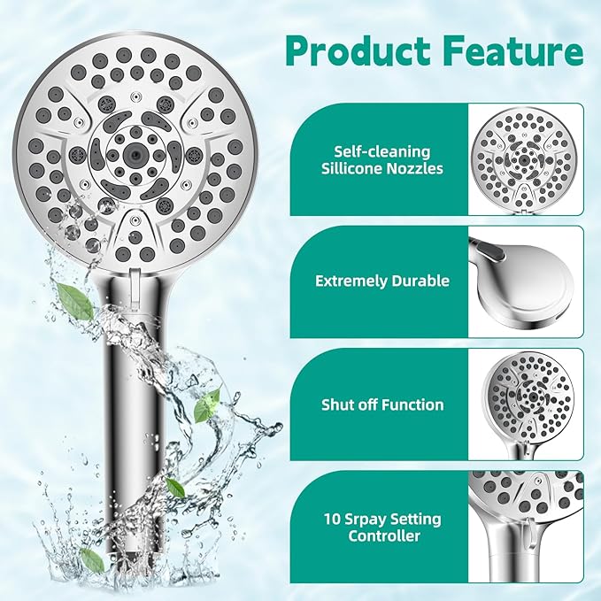 Hibbent Filtered Shower Head with Handheld, High Pressure 10 Spray Showerhead with Filters, Water Softener for Hard Water-Remove Chlorine, Reduces Dry Itchy Skin, Improve Skin& Hair Texture, Chrome