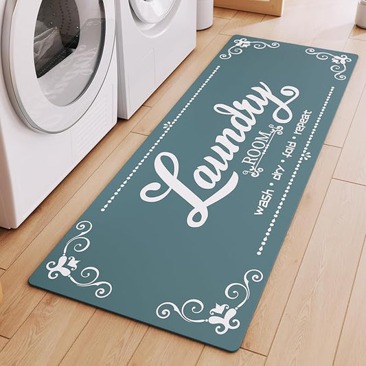 XLHOMO Non Slip Laundry Mats, 17.7"x45" Teal Laundry Rug Runner, Farmhouse Washable Laundry Room Floor Mat for Laundry Room, Mudroom, Kitchen, Washroom, Bathroom, Hallway Entryway Carpet Decor
