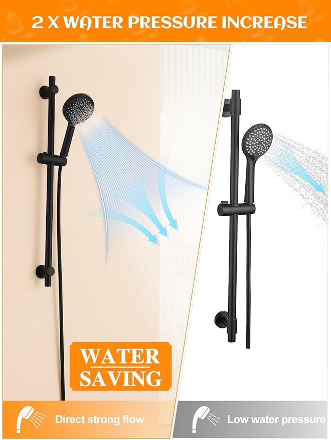Handheld Shower Head with Slide Bar, 2.5GPM High Pressure 3-Function Adjustable Handheld Shower Head with 59-Inch Hose and Adjustable Holder (Matte Black)