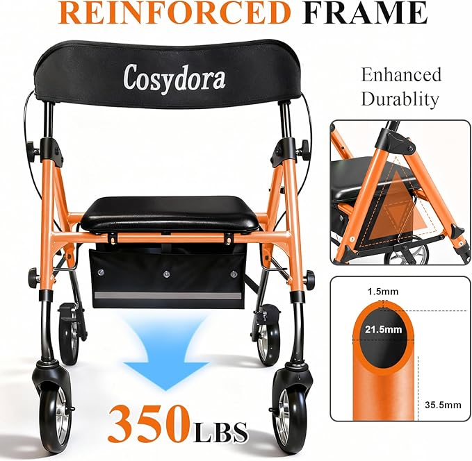 Cosydora Rollator Walkers for Seniors with Seat, 13.6 Lbs Ultra Lightweight Foldable Rolling Walker, 350Lbs Heavy Duty Aluminum, 8" All Terrain Wheels, Dual Adjustable Height, Light Orange