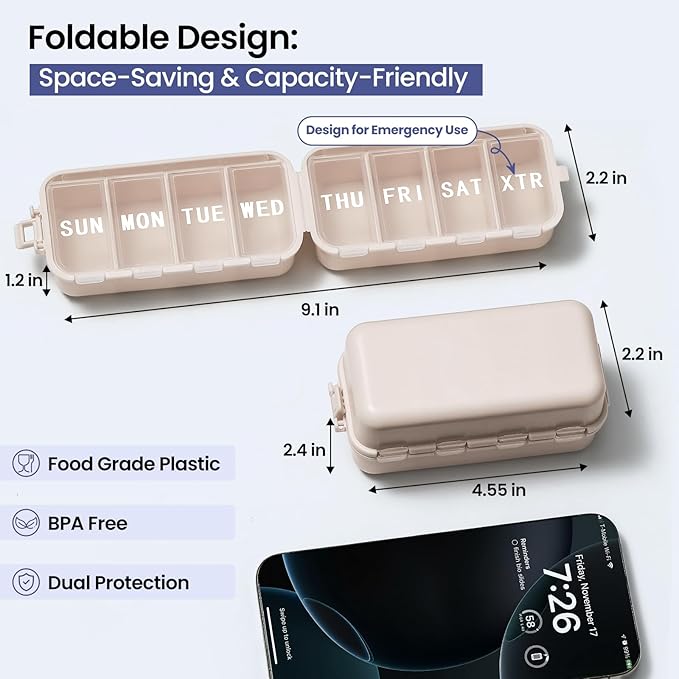 NEW Foldable Weekly Pill Organizer with Extra Grid, Portable 7 Day Pill Box Once / 1 Time a Day, Week Daily Medicine Organizer - Large Travel Pill Case Holder Dispenser for Vitamin, Supplement-Khaki