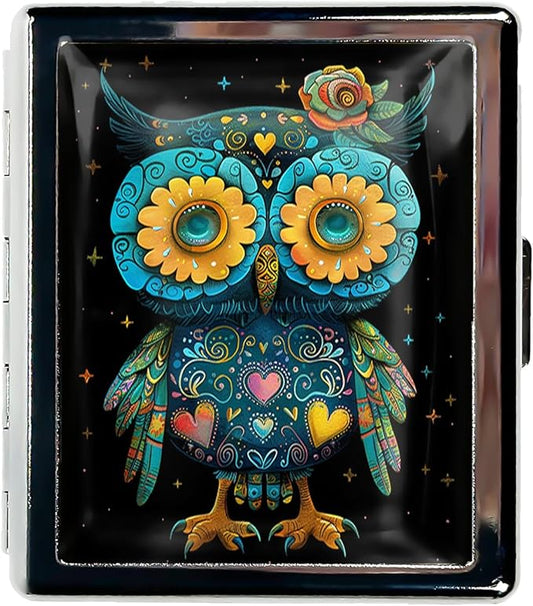 Metal Pill Organizer Box with Mirror – 8 Compartment Chrome Pill Case, Pocket-Size Travel Pill Container for Vitamins, Seniors, Daily Use (Whimsical Owl of Hearts)