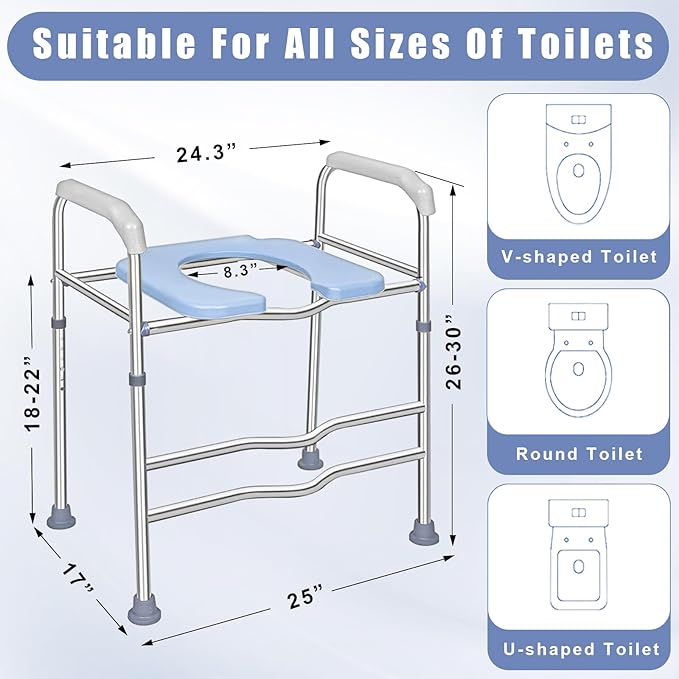 Toilet Seat Riser for Seniors, Raised Commode Chair for Toilet with arms, Adjustable 18–22 Inch Height,400 lb Handicap Elevated Toilet Seat, Fits V, U and Round Toilets.