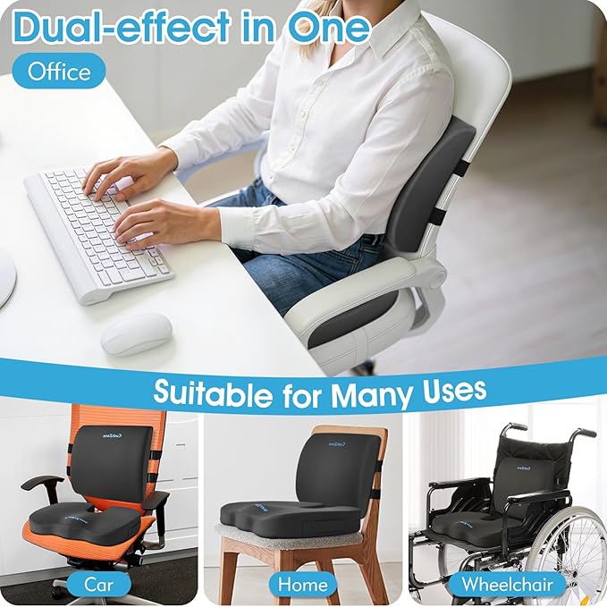 CushZone Seat Cushion, Lumbar Support Pillow with Adjustable Strap-Chair Cushions for Sciatica Pain Relief-with Washable Cover Memory Foam for Car, Travel and Wheelchair-Gray