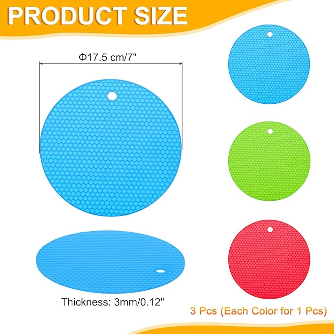 uxcell 3pcs Silicone Jar Opener Pads, 17.5cm/7" Texture Can Opener Multipurpose Round Bottle Lid Opener Non-Slip Coasters for Weak Hands Seniors Children, Blue, Green, Red