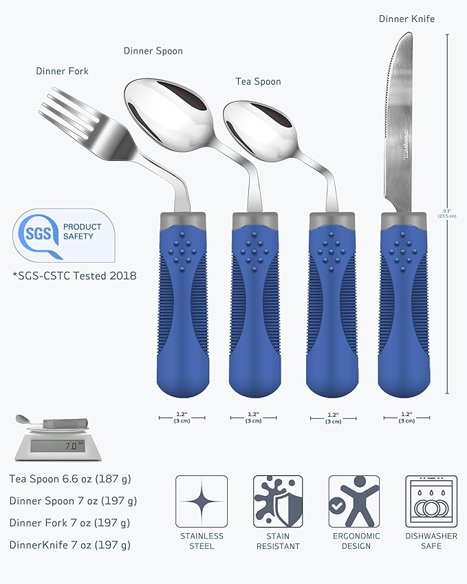 Adaptive Utensils (4-Piece Set) Weighted 7 oz - 42° Angled Utensils for Parkinson's Patients, Hand Tremors, Arthritis & Elderly - Eating Utensils for Elderly (Blue: Right Handed)