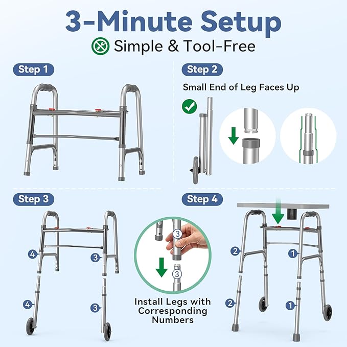 Loyoda Folding Walker with Tray, 5" Wheels Lightweight Walkers for Seniors and Adults, Supports Up to 350 Pounds, Adjustable Height, Compact Standard Walker, Silver