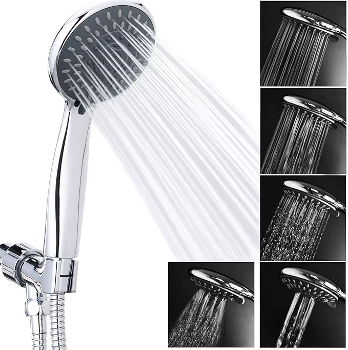 High Pressure Handheld Shower Head Briout 5-Settings Powerful Water Spray Shower Head against Low Pressure Water Flow with Stainless Hose and Adjustable Mount