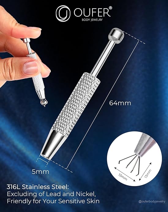 OUFER Piercing Ball Grabber, 16G 18G Flat Back Earrings Piercing Guide needle Tool, Surgical Steel Internally Threaded Push Pin External Thread Assistant Body Piercing Kit for Ear Nose Lip Tool