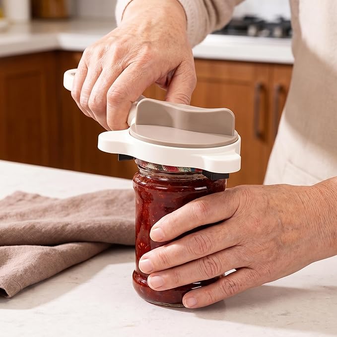 4 in 1 Multi-Purpose Jar Opener, Magnetic Stainless Steel with Ergonomic Handle, Multi-Size Lid Tool for Jars, Cans Wine, Ideal for Seniors, Arthritis and Weak Hands (Beige)