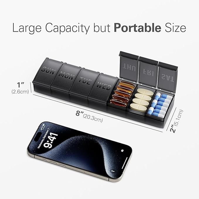 Large Pill Organizer 2 Pack, Easy-Open Weekly Pill Organizer, XL Daily Pill Organizers, 7 Day Medicine Pill Organziers, Medicine Box 7 Day for Large Vitamin Supplements (Double Black)