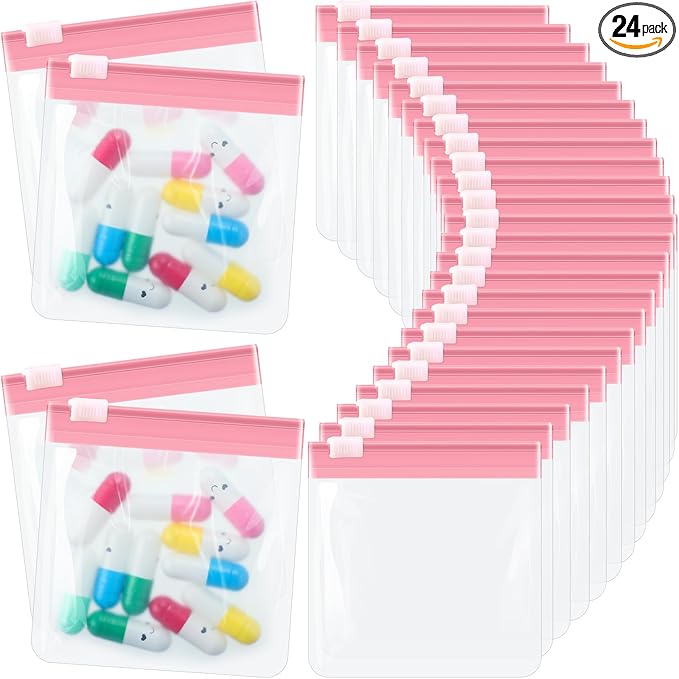 24 Pieces Pill Pouch Bags Zippered Pill Pouch Set Reusable Translucent Medicine Organizer Self Sealing Medicine Bag Travel Plastic Pill Bags with Slide Lock Pill Baggies for Pills (Light Pink)