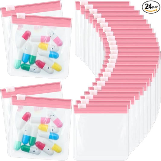 24 Pieces Pill Pouch Bags Zippered Pill Pouch Set Reusable Translucent Medicine Organizer Self Sealing Medicine Bag Travel Plastic Pill Bags with Slide Lock Pill Baggies for Pills (Light Pink)