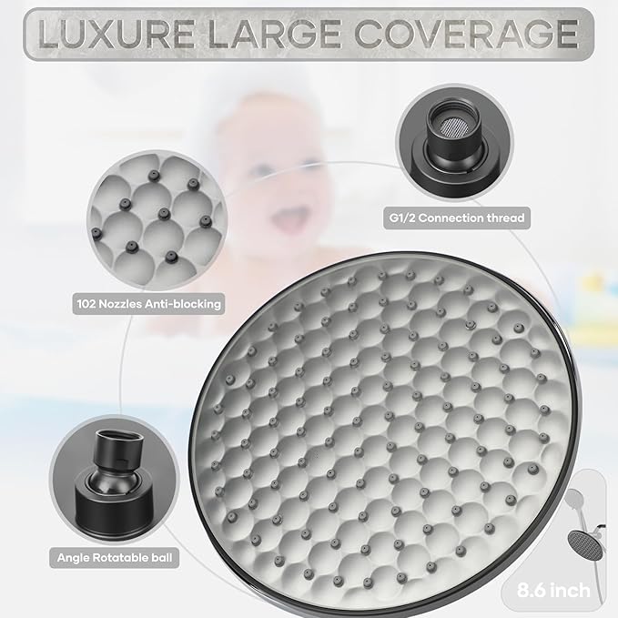 dual shower head with handheld combo,8.6 inch Rainfall showerhead,6 settings hand held shower heads with hose (Matte Black)