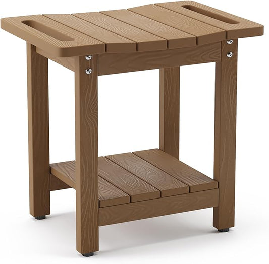 LUE BONA HDPS Shower Bench Seat with Shelf, Brown Shower Stool for Inside Shower Waterproof, Bath Shower Stool Chair for Spa Bathroom, Weather Resistant/Non-Slip/Handles/Indoor or Outdoor Us