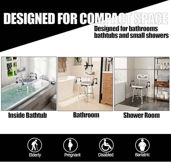 360° Swivel Shower Chair for Elderly and Disabled 400lbs Heavy Duty Bathing Transfer Stool with Armrests & Backrest Adjustable Height Bath Chair for Inside Shower Standard Bathrooms & Bathtubs Gray