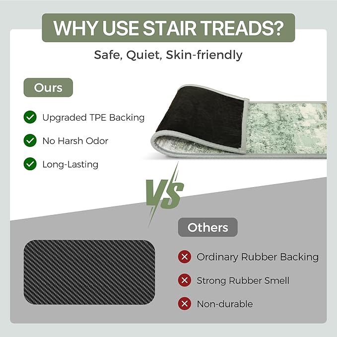 sarben Carpet Stair Treads Non Slip 15PCS, 8" X 30" Edging Stair Runner for Wooden Steps Indoor, Resistant Stair Rugs with Reusable TPE Adhesive Backing, Residue Mat for Elders, Pets, Moss/Ivory
