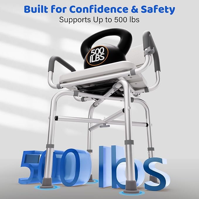 360° Swivel Shower Chair for Inside Shower,500lbs Swivel Shower Chair with Arms andBack, Adjustable Height Shower Chair forElderly and Disabled with Stable Non-SlipDesign Bathroom Tub Stool