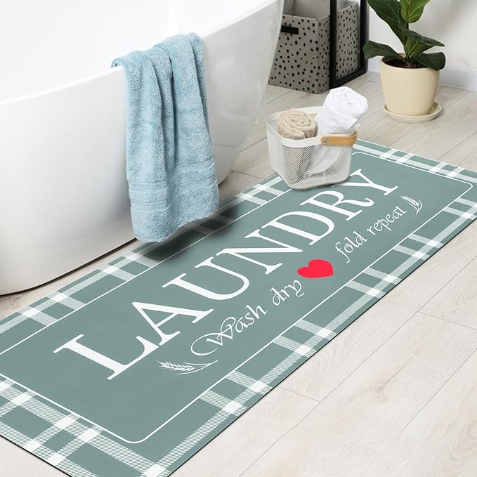 XLHOMO Laundry Room Rug Runner, 17"x47" Buffalo Plaid Non Slip Teal Laundry Rugs, Farmhouse Washable Floor Laundry Mats for Laundry Room, Mudroom, Kitchen, Washroom, Bathroom, Entryway Rugs Decor