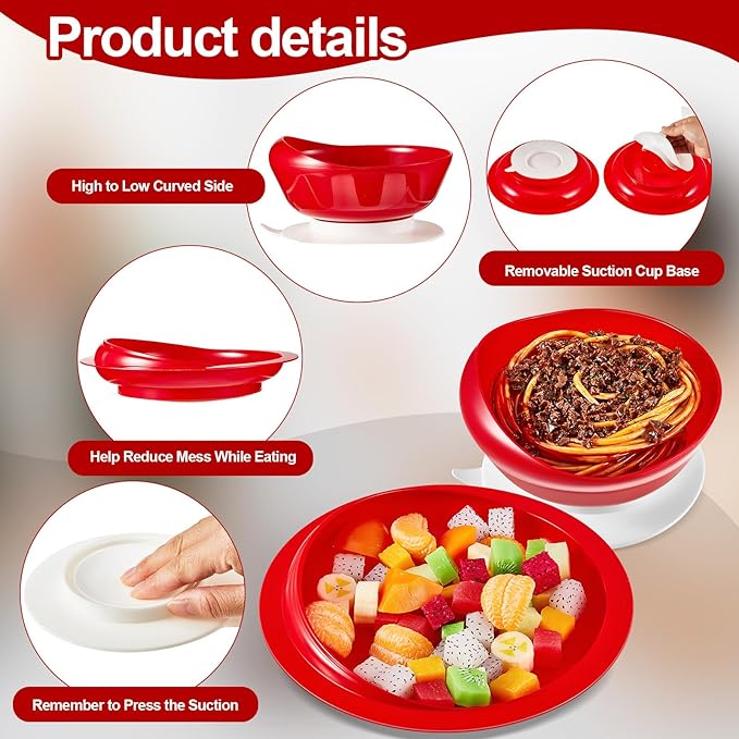 Hushee 2 Sets Adaptive Spill Proof Scoop Bowl and Plate Set with Suction Base Non Skid Self Feed Suction Dinnerware for Elderly Disabled Handicapped from Parkinsons Tremor (Red)