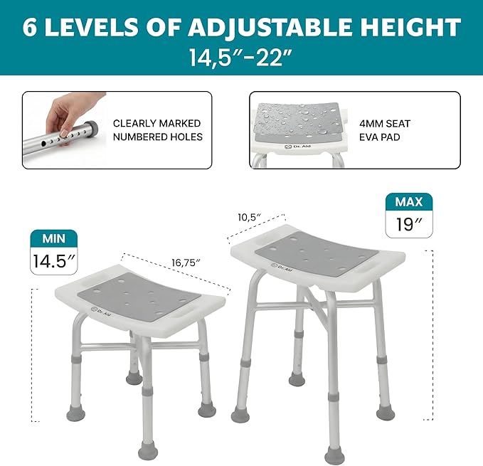 Dr. Aid Shower Chair for Inside Shower - 400 lbs, 5-Height Adjustable Bathroom Stool for Adults, Seniors & Disabled - 3-Minute Tool-Free Assembly, Anti-Slip Bath Bench for Tub & Small Showers