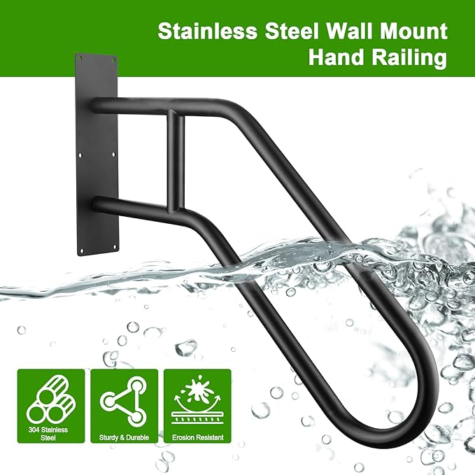 U-Shaped Safety Handrail for Stairs 1-3 Steps, Wall Mounted Handrails Indoor/Outdoor - 530lbs Load, Anti-Slip & Rust-Proof, Elderly & Disabled Assist at Porch, Deck, Bathroom