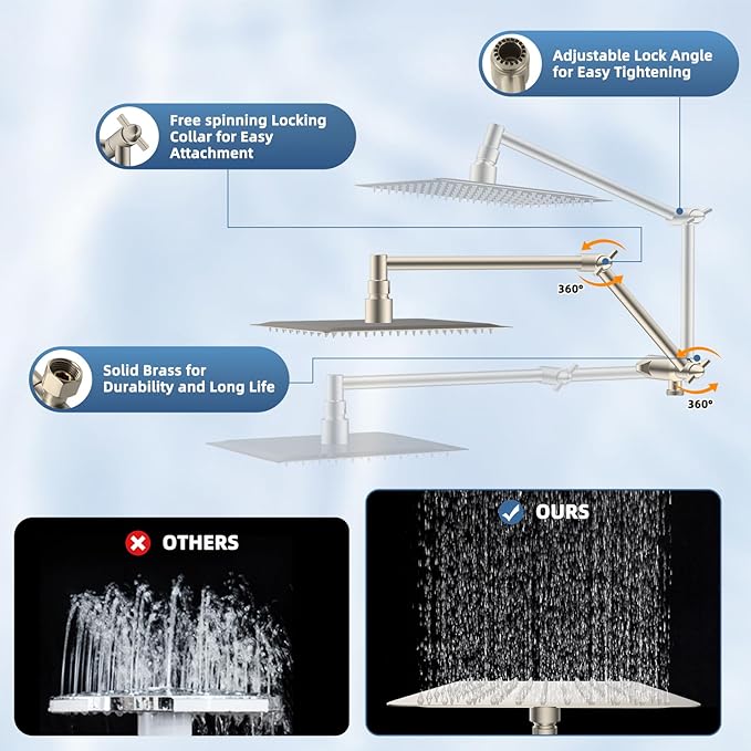 12” All Metal Rain Shower Head, High Pressure Rainfall Shower Head with Handheld Showerhead, 5“ Handheld Spray Powerful Clean 10-Mode, 16" Stainless Steel Adjustable Extension Arm, Brushed Nickel