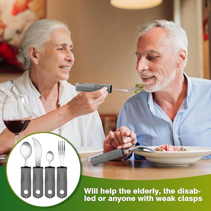 4-Piece Set Adaptive Utensils for Hand Tremors, Parkinson's, Arthritis - Weighted, Easy Grip, Extra Wide Handles - Knife, Fork, Spoon, Teaspoon - Grey